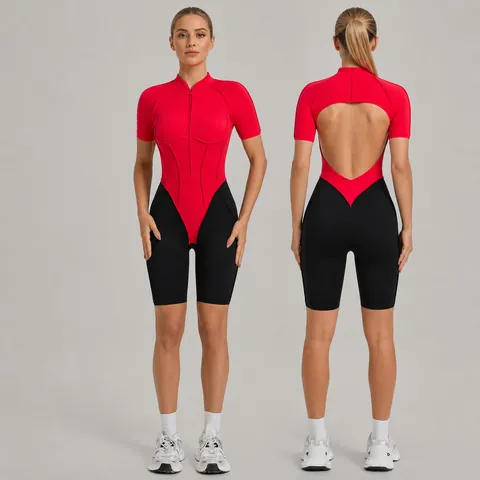 Women Fitness Bodysuit Color Block Stand Collar Zipper Backless Yoga Unitard Tight Running Sportswear Jumpsuit Gym Athletic Apparel