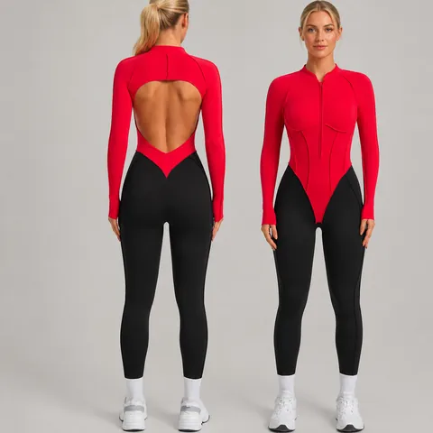 Tuta da Fitness da Donna Manica Lunga Collo Alto Blocchi di Colore Schiena Scoperta Aderente Mezza Zip Yoga Body Corsa Allenamento