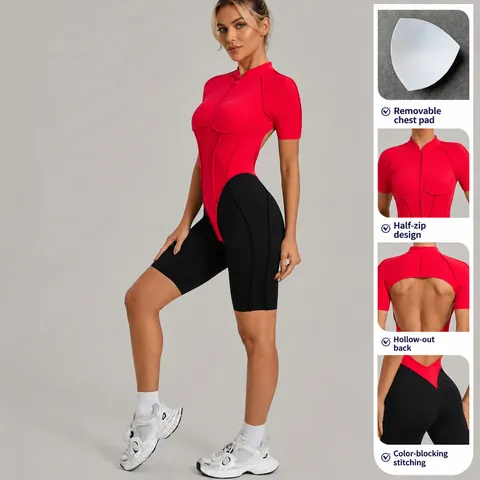 Women Fitness Bodysuit Color Block Stand Collar Zipper Backless Yoga Unitard Tight Running Sportswear Jumpsuit Gym Athletic Apparel