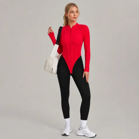 Tuta da Fitness da Donna Manica Lunga Collo Alto Blocchi di Colore Schiena Scoperta Aderente Mezza Zip Yoga Body Corsa Allenamento