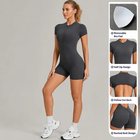 Women's Half Zip Short Sleeve Backless Yoga Jumpsuit Scrunch Butt High Elastic Sport Romper One Piece Fitness Bodysuit