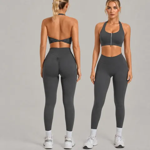 Women Seamless Naked Feel Yoga Top And Bottom Zip Sports Bra Scrunch Butt Lifting Leggings Activewear Workout Set