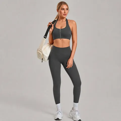 Women Seamless Naked Feel Yoga Top And Bottom Zip Sports Bra Scrunch Butt Lifting Leggings Activewear Workout Set