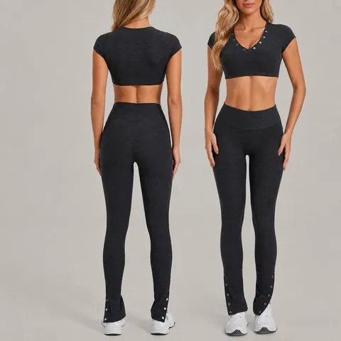 Women Brushed Yoga Top And Bottom Flared Leggings Slim Short Sleeve Crop Top Fitness Gym Activewear Athletic Sport Clothing