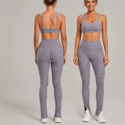 Women Brushed Yoga Set Top And Bottom Adjustable Straps High Waist Leggings Split Button Hem Gym Fitness Activewear Outfit