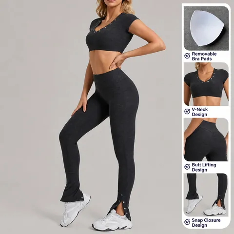 Women Brushed Yoga Top And Bottom Flared Leggings Slim Short Sleeve Crop Top Fitness Gym Activewear Athletic Sport Clothing