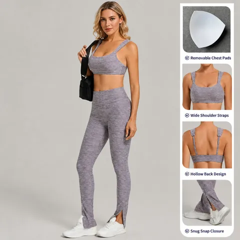 Women Brushed Yoga Set Top And Bottom Adjustable Straps High Waist Leggings Split Button Hem Gym Fitness Activewear Outfit
