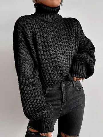 Damen Casual Oversize Strickpullover Acryl Überschnittene Schultern Rollkragen Einfarbig Langarm Pullover Herbst Winter Mode Warm Elegant Jumper Top