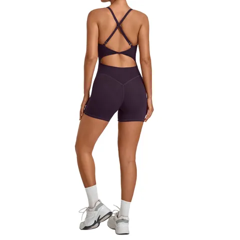 Women V-Neck Adjustable Buckle Yoga Jumpsuit Cross Back Tummy Control Butt Lifting Slim Fit Sport Athletic Romper Unitard