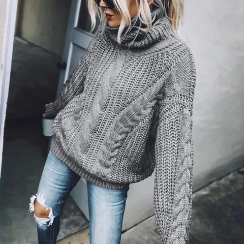 Women High Neck Cable Knit Sweater Angora Wool Mohair Pullover Casual Solid Color Long Sleeve Top For Autumn Winter