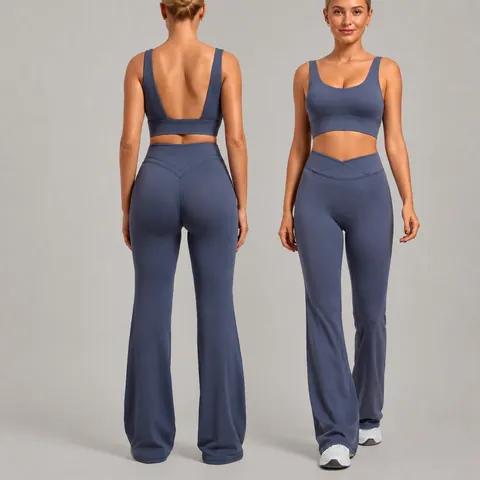 Women's Nylon Spandex Yoga Workout Top And Bottom Crossover High Waist Flare Leggings Backless Sports Bra Athletic Clothes