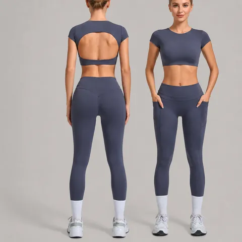 Women's Backless Yoga Set Short Sleeve Top And High Waisted Pocket Leggings Gym Workout Running Athleisure Sportswear Suit