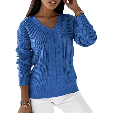 Pull-over Décontracté à Manches Longues et Col en V pour Femmes Maille Torsadée Couleur Unie Coupe Ample Chaud d'Hiver