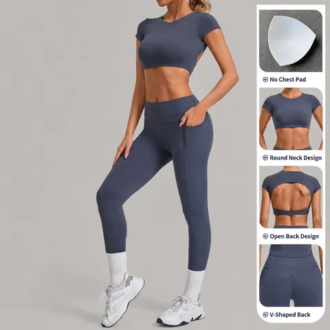 Women's Backless Yoga Set Short Sleeve Top And High Waisted Pocket Leggings Gym Workout Running Athleisure Sportswear Suit