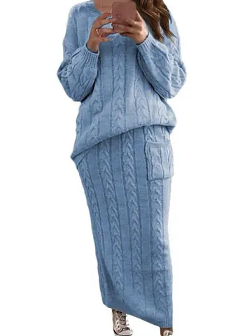 Women Autumn Winter Cable Knit Top And Bottom Set Long Sleeve Round Neck Sweater And Maxi Skirt Patchwork Casual Knitted Suit