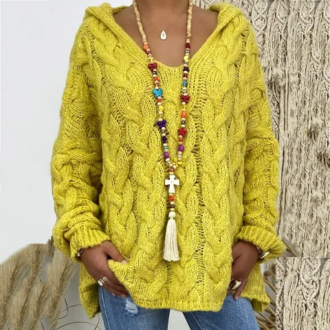 Women Casual Cable Knit Hooded V Neck Sweater Long Sleeve Oversized Pullover Jumper Plain Knitted Top For Autumn Winter