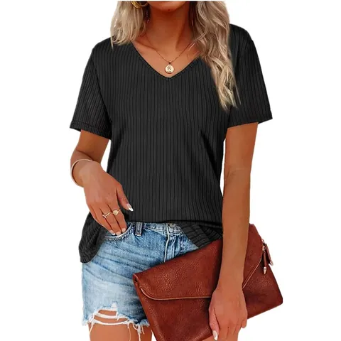 T-Shirt à Manches Courtes à Nervures avec Col en V pour Femmes Haut en Polyester de Couleur Unie Style Occidental Streetwear