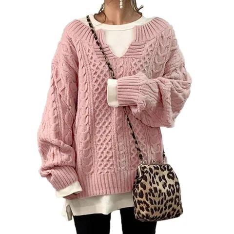Dames Mode Effen Kleur Kabelbreisel Trui Losse V-hals Gebreide Trui Lange Mouw Casual Dik Acryl Gebreide Top