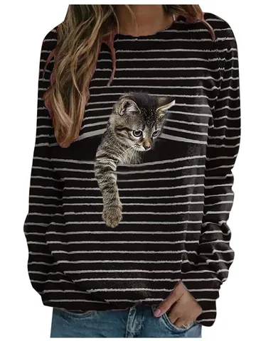 Women Casual Long Sleeve T-Shirt Striped Round Neck Milk Silk Top With Realistic 3D Cat Print Autumn Fashion Tee
