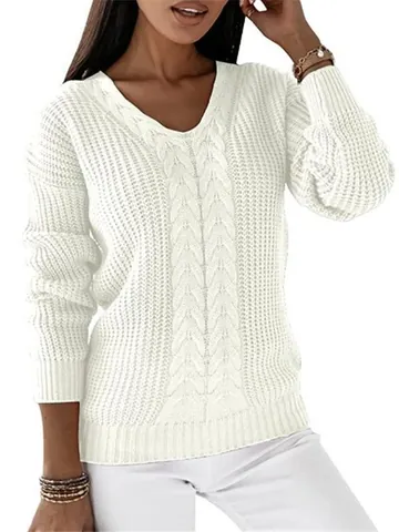 Dames Casual V-hals Kabelbreisel Trui Lange Mouw Pullover Slim Fit Acryl Effen Kleur Zachte Warme Gebreide Kleding Top