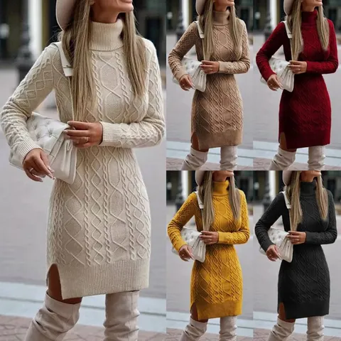 Damen Zopfmuster Rollkragen Strickkleid Slim Fit Langarm Warm Acryl Midi Strickmode Für Herbst Winter Damen Lässig