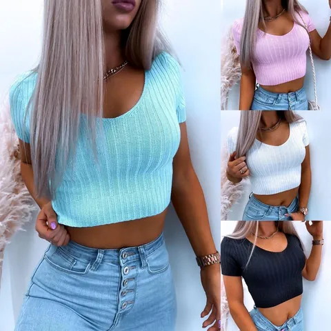 Γυναικείο Sexy Πλεκτό Crop Top με Λαιμόκοψη V Κοντό Μανίκι Στενή Εφαρμογή Μονόχρωμο Ριμπ T-Shirt Basic Καλοκαιρινό Τοπ