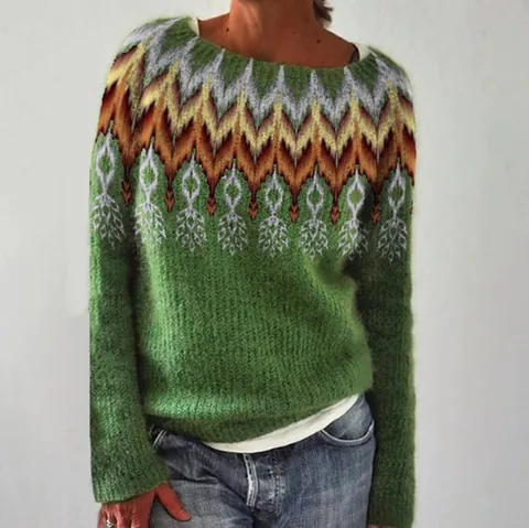Women's Round Neck Acrylic Knit Sweater Bohemian Geometric Color Block Loose Casual Long Sleeve Pullover Knitwear Tops For Daily