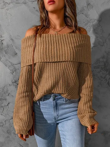 Women Off The Shoulder Sweater Elegant Solid Color Ribbed Knit Pullover Loose Fit Long Sleeve Top Winter Knitwear
