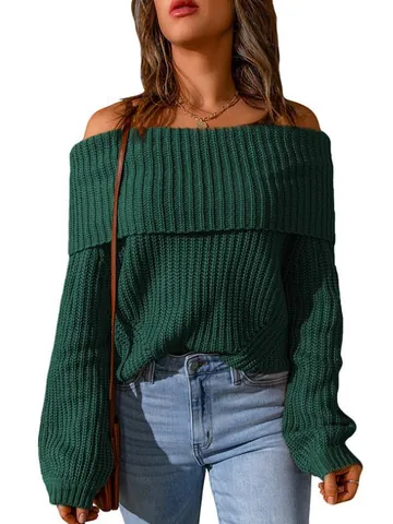 Women Off The Shoulder Sweater Elegant Solid Color Ribbed Knit Pullover Loose Fit Long Sleeve Top Winter Knitwear