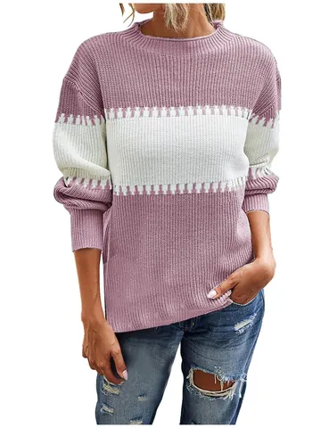 Women Acrylic Color Block Striped Knit Sweater Lantern Sleeve Crew Neck Patchwork Pullover Loose Casual Autumn Winter Top