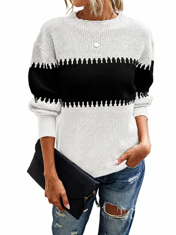 Women Acrylic Color Block Striped Knit Sweater Lantern Sleeve Crew Neck Patchwork Pullover Loose Casual Autumn Winter Top