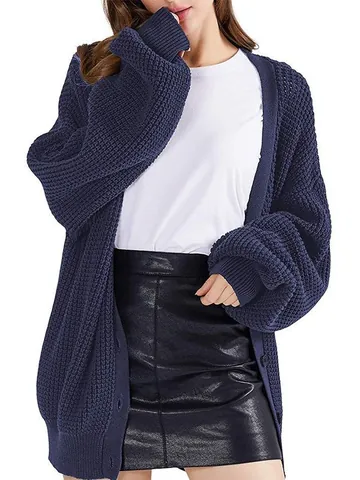 Women's V-Neck Single-Breasted Knit Cardigan Sweater Oversized Waffle Texture Loose Solid Color Long Sleeve Autumn Winter Warm Top