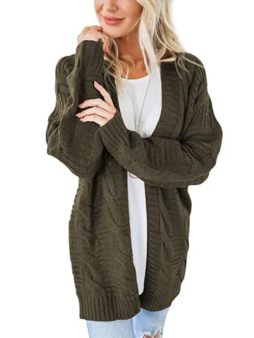Donna Cardigan a Trecce Media Lunghezza Aperto Davanti Tinta Unita Maglione in Acrilico a Maniche Lunghe per Autunno Inverno