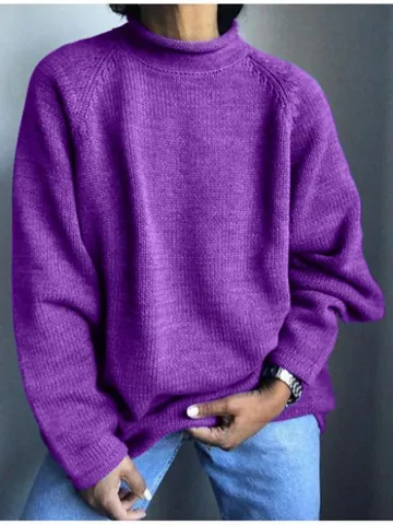 Women Loose Casual Mock Neck Sweater Solid Color Long Sleeve Pullover Knitwear Top For Spring Autumn
