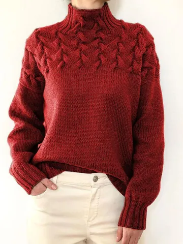 Women's Turtleneck Cable Knit Sweater Casual Solid Color Long Sleeve Pullover Soft Acrylic Knitwear Jumper For Autumn Winter