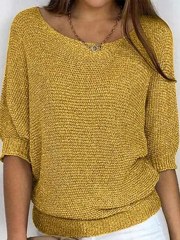 Women Elegant Round Neck Knit Sweater Top Solid Color Lantern Three Quarter Sleeve Pullover Loose Commuter Spring Knitwear