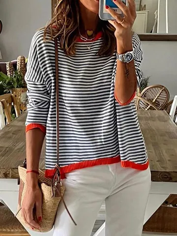 Casual Striped Color Block Knitted Sweater Polyester Acrylic Drop Shoulder Round Neck Long Sleeve Pullover Knitwear Top