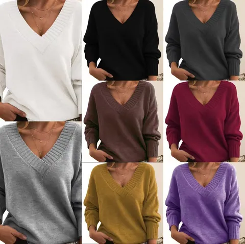 Dames Casual V-hals Trui Losse Lange Mouwen Gebreide Kleding Basis Effen Kleur Acryl Gebreide Top Voor Dagelijks Gebruik