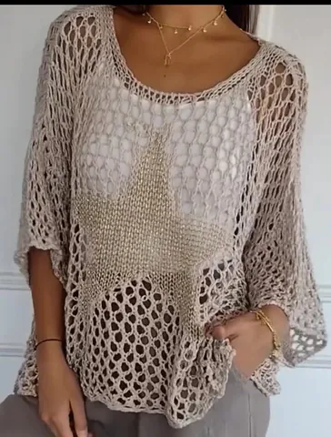 Women European Style Star Pattern Hollow Knit Sweater Elegant Round Neck Three Quarter Sleeve Pullover Casual Commuting Tops