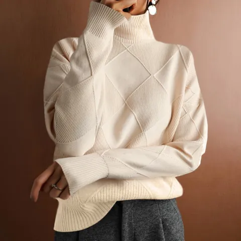 Women Turtleneck Argyle Knitted Sweater Loose Casual Pullover Long Sleeve Solid Color Warm Jumper Soft Fashion Knitwear Top