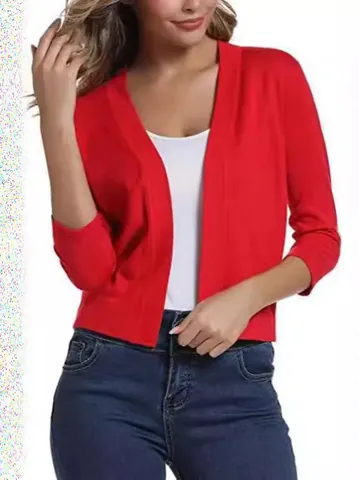 Women Elegant Short Knit Cardigan Simple Versatile Open Front Viscose Blend Sweater Mid Length Sleeve Knitwear Top