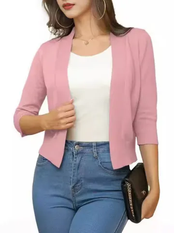 Women Elegant Short Knit Cardigan Simple Versatile Open Front Viscose Blend Sweater Mid Length Sleeve Knitwear Top