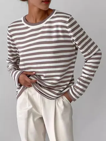 Damen Casual Retro Gestreifter Strickpullover Langarm Rundhals Lockerer Schnitt Top Für Frühling Sommer Alltag