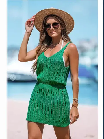 Women Sleeveless Knitted Crochet Mini Dress Hollow Out V Neck Waist Tie Resort Style Polyester Solid Color Sun Dress
