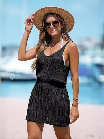 Women Sleeveless Knitted Crochet Mini Dress Hollow Out V Neck Waist Tie Resort Style Polyester Solid Color Sun Dress