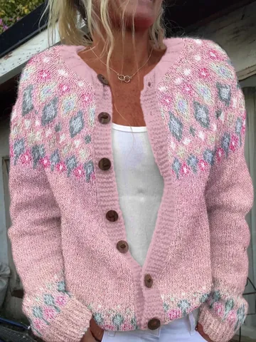 Women Knit Cardigan Acrylic Long Sleeve Sweater Fair Isle Geometric Jacquard Color Block Loose Fit Open Front Cardigan With Wooden Buttons