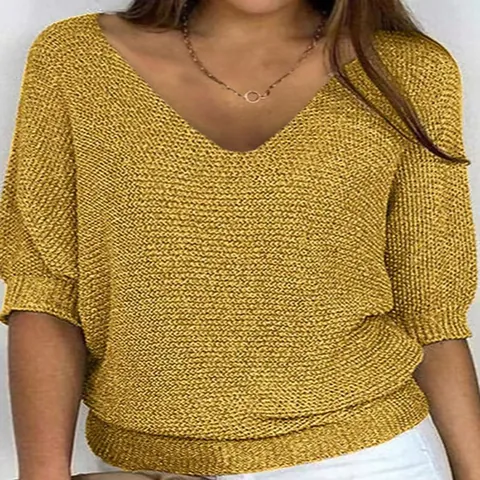 Women V-Neck Acrylic Knit Sweater Loose Fit 3/4 Batwing Sleeve Solid Color Pullover Top Elegant Commuter Casual Soft Knitwear