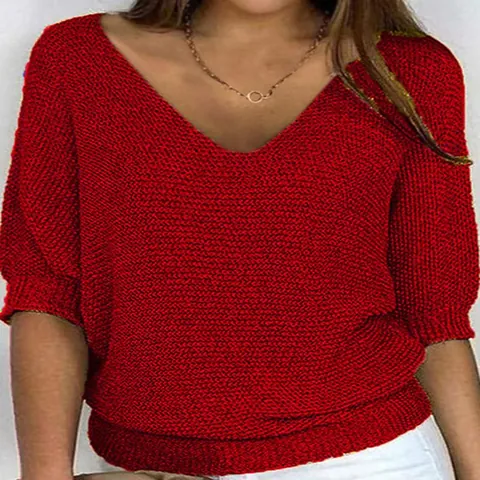 Women V-Neck Acrylic Knit Sweater Loose Fit 3/4 Batwing Sleeve Solid Color Pullover Top Elegant Commuter Casual Soft Knitwear