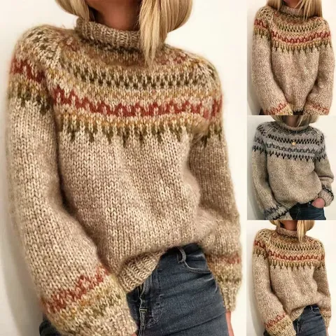 Women Winter Mock Neck Pullover Sweater Fair Isle Geometric Print Knit Top Casual Loose Long Sleeve Acrylic Jumper