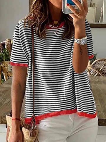 Women Casual Striped Contrast Color Knit Short Sleeve Top Round Neck Drop Shoulder Polyester Acrylic Knitwear Pullover Sweater